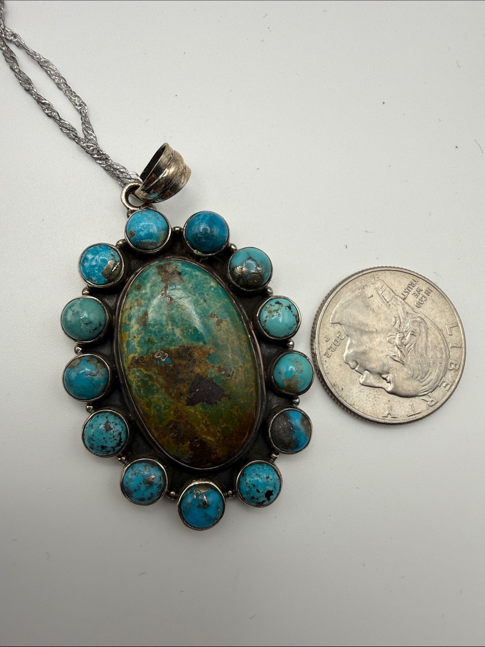925 Sterling Silver XL Turquoise Oval Pendant Cluster Necklace on 18” Chain - Picture 6 of 7